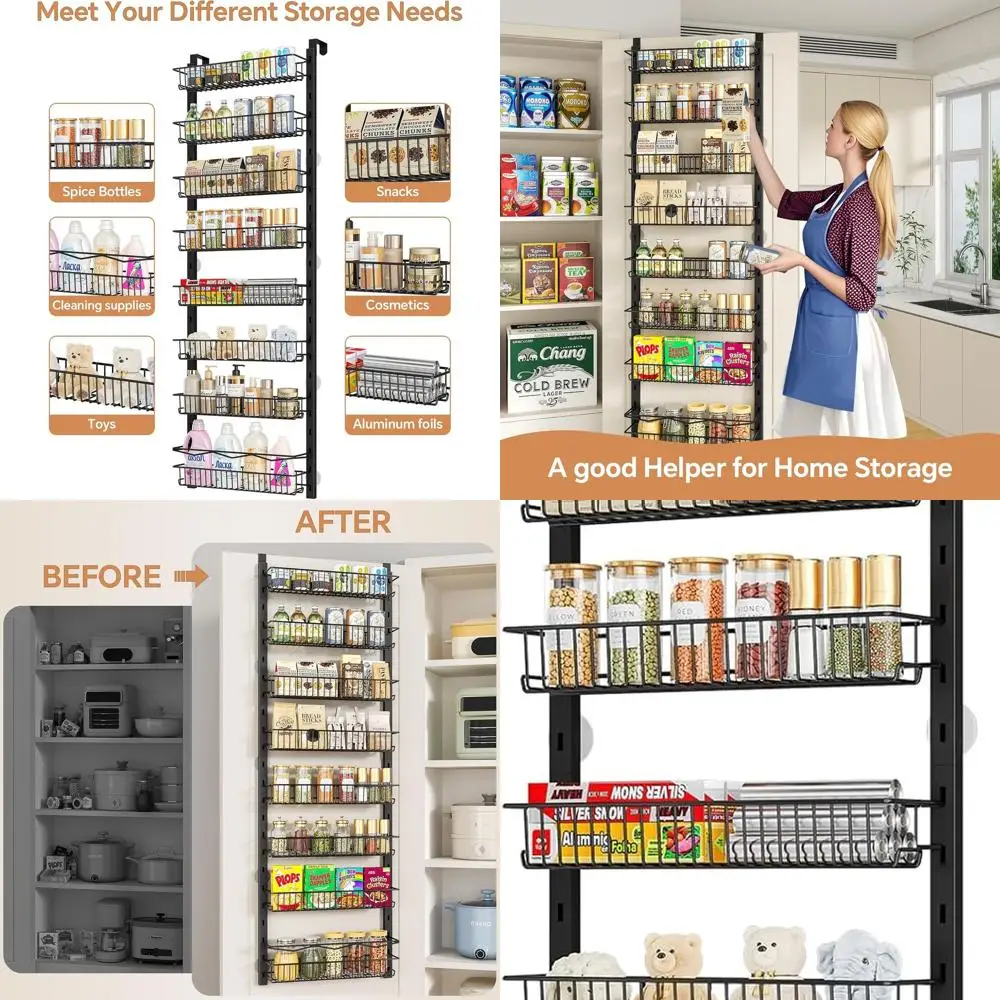 

8-Tier Adjustable Door Spice Rack Organizer, Kitchen & Bathroom Hanging Storage, Black