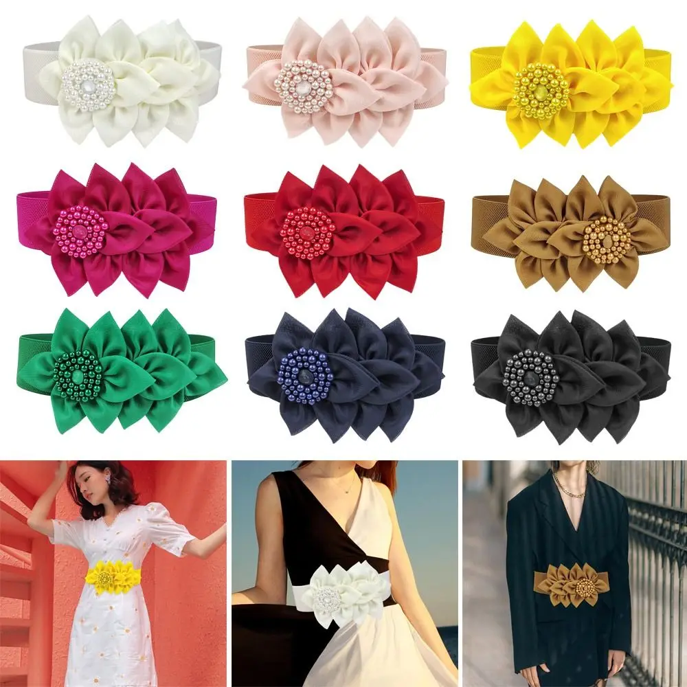 Exquisite Wide Stretch Waistband Casual Flower Decoration Waist Belts Solid Color Waist Strap Women
