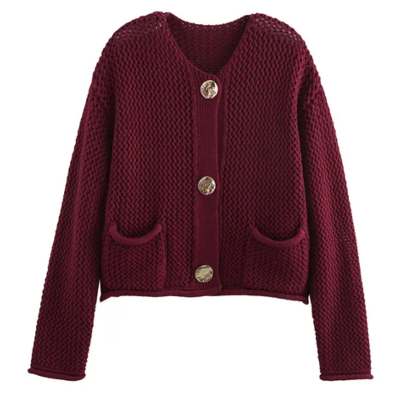 Nuevo 2025 primavera otoño moda ropa de calle Color sólido manga larga Borgoña tejido Cardigan suéter para mujer