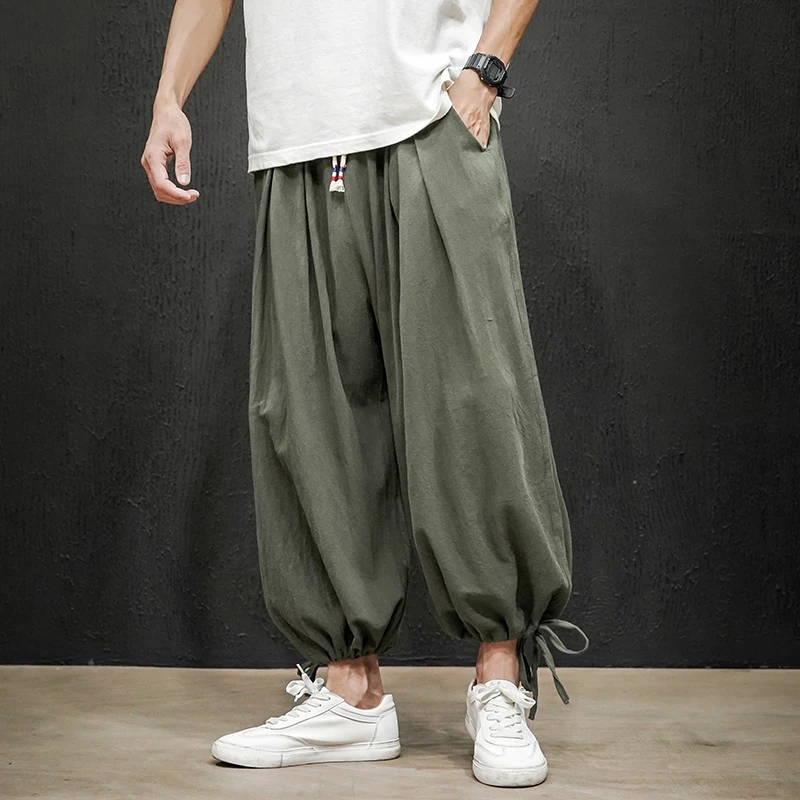 Pantalones bombachos Harajuku para hombre, ropa de algodón y lino para correr, estilo chino Vintage, a la moda, 2023