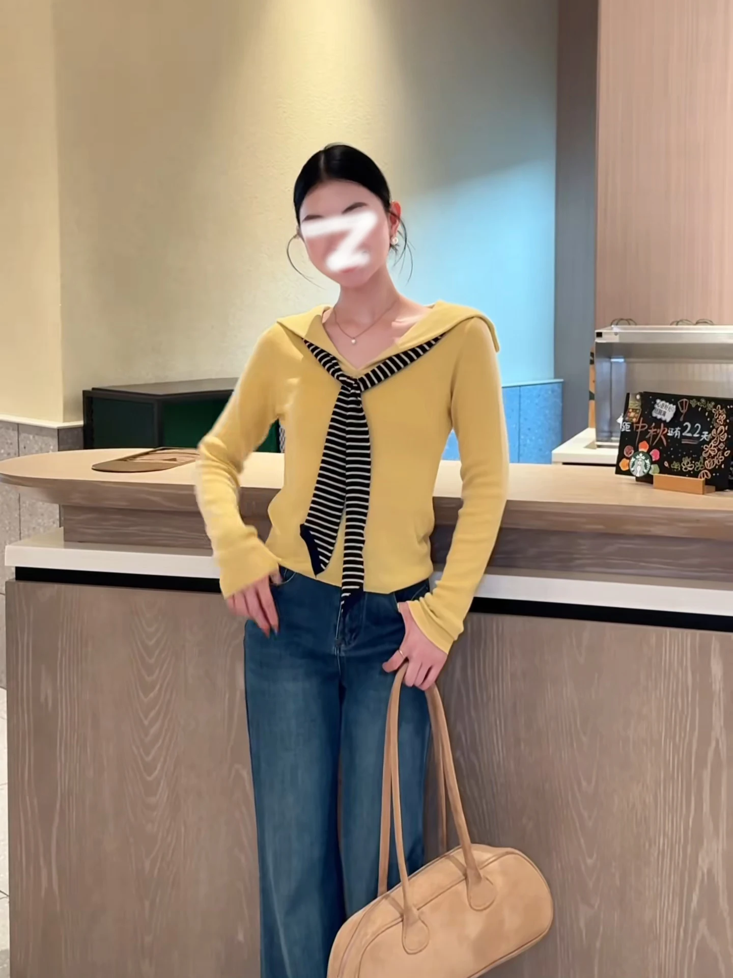 

Yellow V-Ne Striped Navy Collar Knitted Sweater Women's Slim Fit Base irt Unique Exquisite Top Warmth-Emitting Long Sve