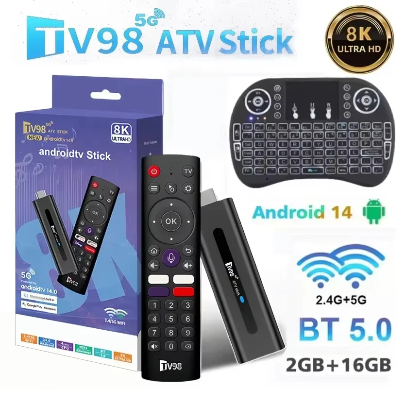 

TV98 ATV Smart TV Stick 8K Android 14 H313 2.4G/5G Wi-Fi Поддержка OTA Медиаплеер ТВ-приемник BT5.0 2 ГБ 16 ГБ Голосовой удаленный ТВ-приставка
