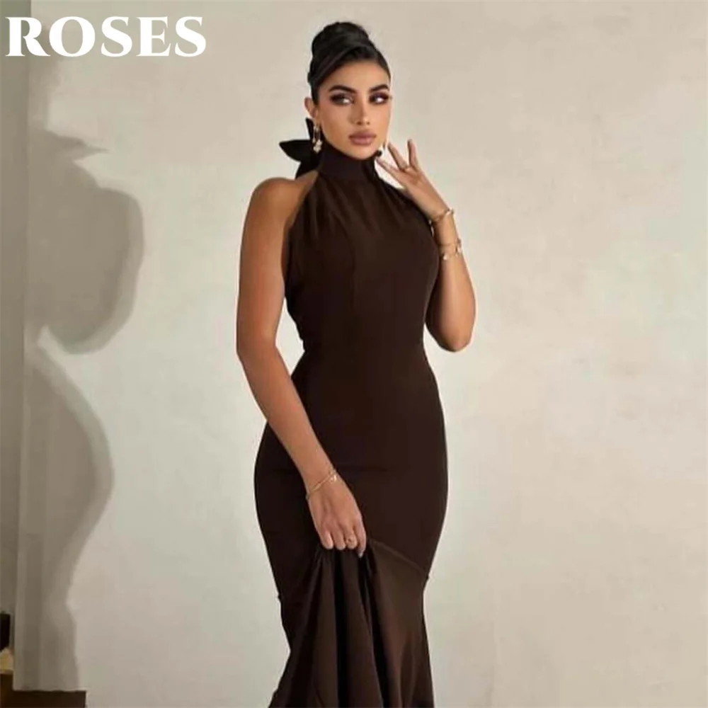 

ROSES Элегантное платье для выпускного вечера с шоколадной русалкой и складками Вечернее платье без рукавов Платье с открытой спиной и пуговицами по индивидуальному заказу