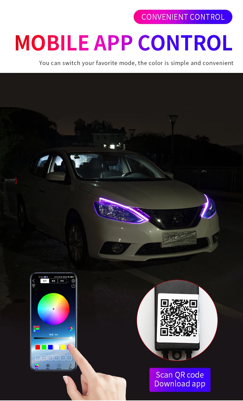 App-gesteuertes DRL Auto-Tagfahrlicht mit Blinker RGB Scan Start Flexibler Symphony Flow LED-Scheinwerferstreifen 12V – Detail 9