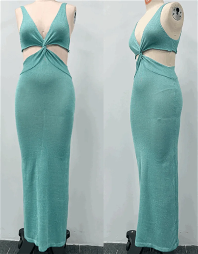 Women's Summer Deep V Neck Sleeveless Backless Long Knit Dress Cross-Cut out Swimsuit Beach Bikini Cover up Crochet Swimwear