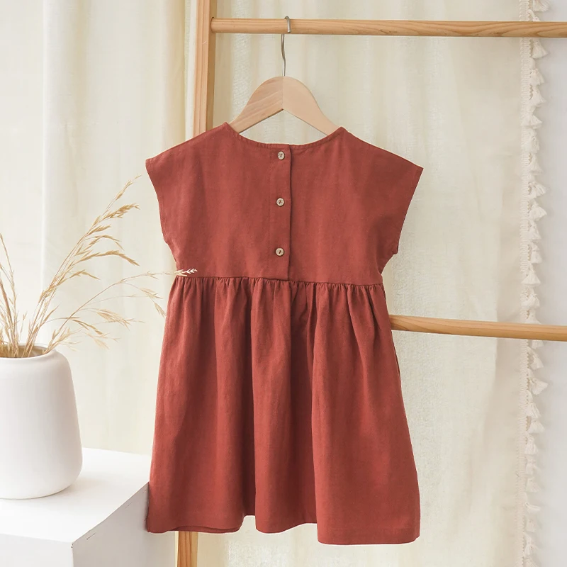 2024 Cotton and Hemp Girls\' Summer Retro Short Sleeve Solid Color Dress Loose Casual,Skirt,TZ39