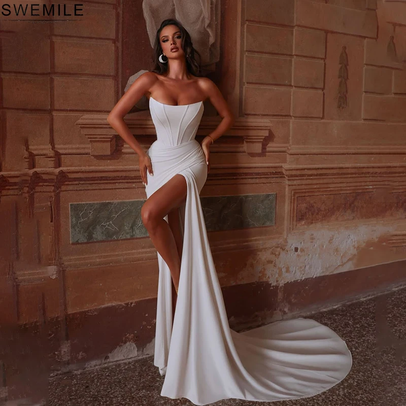 SWEMILE Elegant Strapless Women Wedding Dresses 2025 Sexy Side Slit Corset Engagement Ball Gowns Court Train Vestidos De Noivas