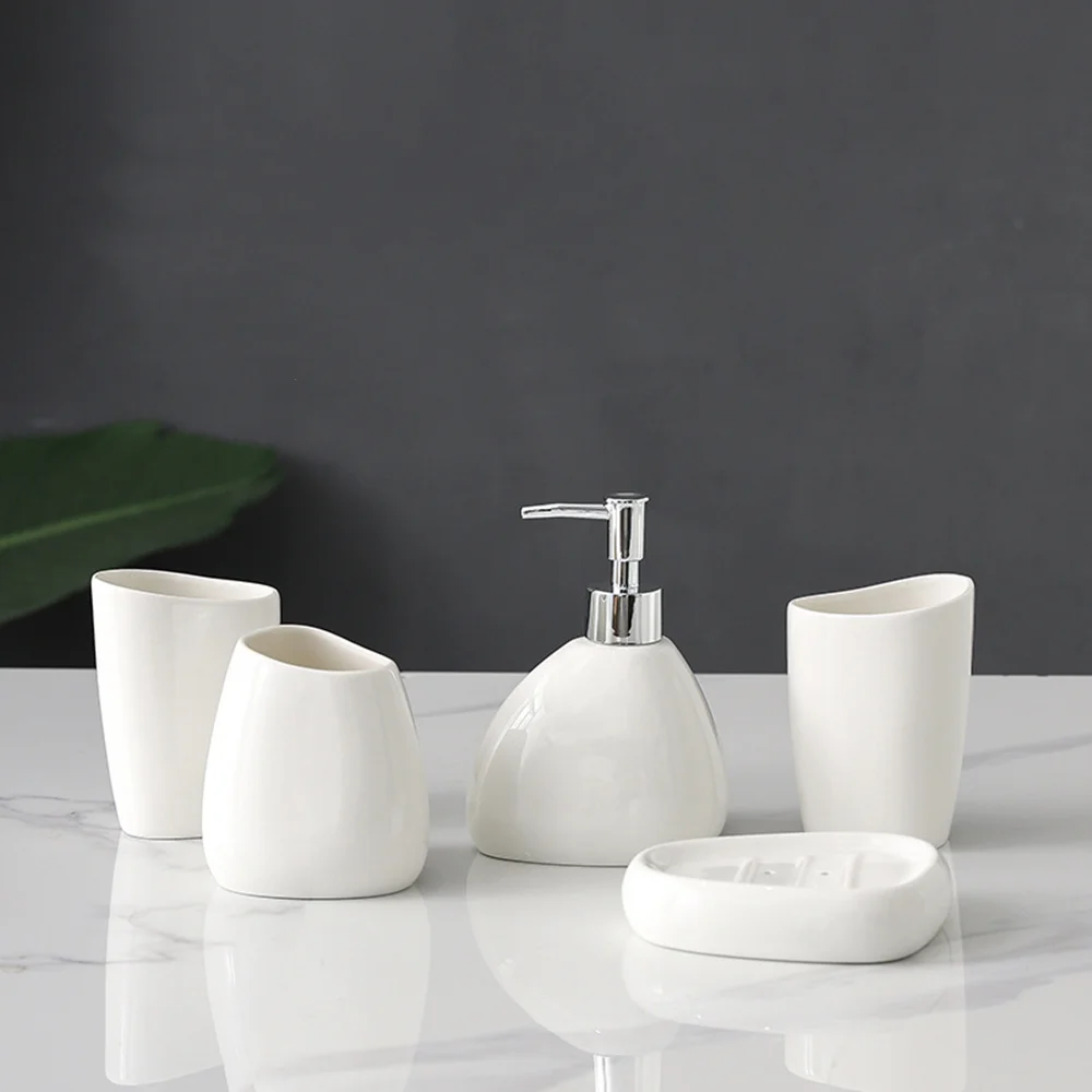 

5Pcs White Bathroom Accessory Set Includes Soap Dispenser, Mouthwash Cup, Toothbrush Holder, Perfect for Home Decor