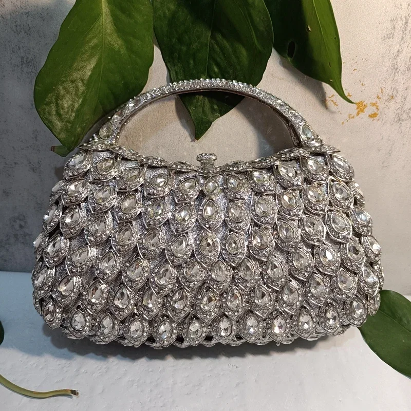 

XIYUAN Silver Elegant Banquet Cocktail Evening Bag Women Party Dinner Prom Handle Diamond Handbag Wedding Bridal Hollow Purse