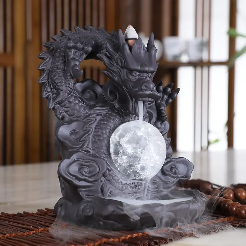 

The Lucky Feng Shui Chinese Dragon Plays with Ball Purple Clay Waterfall Backflow Incense Burner Home Ornament Decor Tea Pet