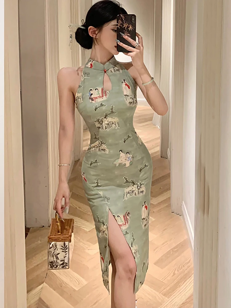 2024 New Green Print Hollow Out Stand Collar Midi Dress Summer Elegant Bodycon Slit Dress Women coreano Vintage Luxury Prom Dress