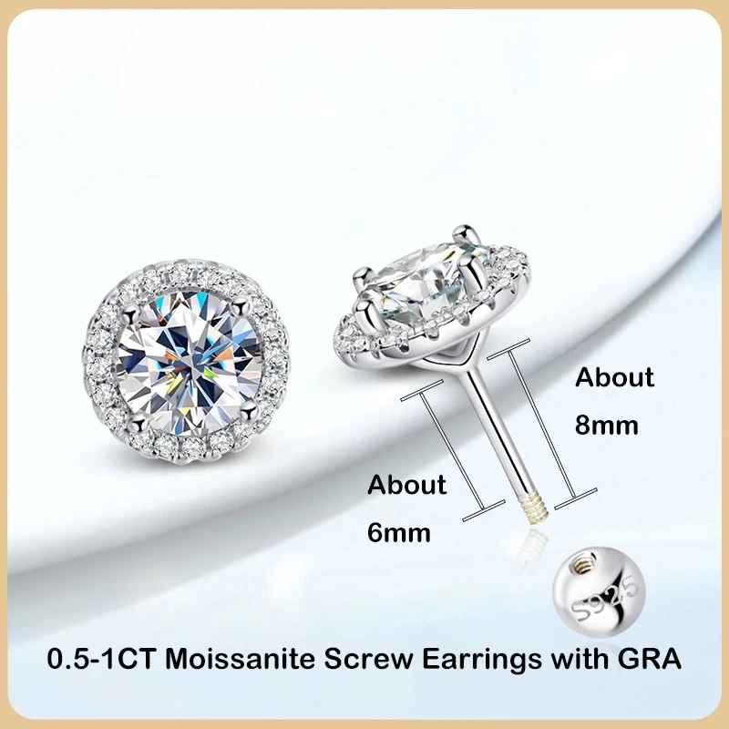 

FOUND FORM Round Moissanite Screw Earrings 0.5-1ct D Color S925 Sterling Silver Women's Wedding Diamond Earrings