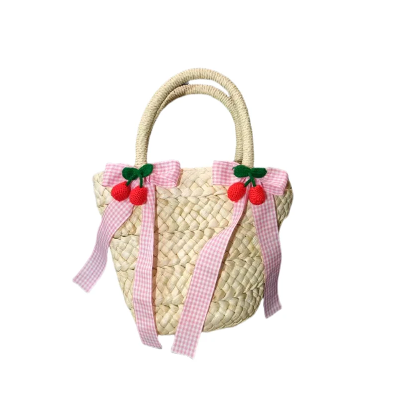 

Women Straw Woven Bag Handwoven Tote Bag Adjustable Strap Slouchy Tote Handbag Cherry Bow Weaving Crossbody Bag Summer Beach Bag