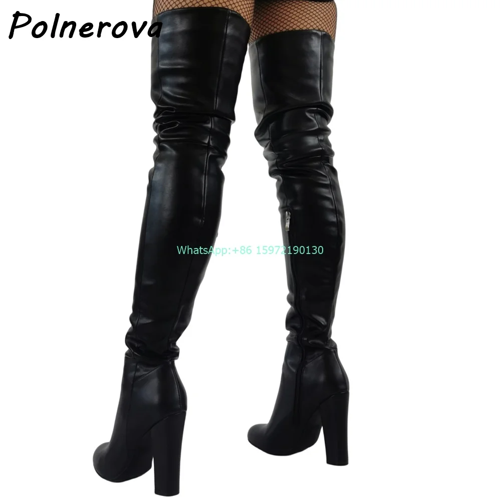 Black Chunky Heels Tight High Boots Solid Round Toe Side Zipper Sexy Stiletto Shoes Hotties Runway Fashion Street Photo Shoes