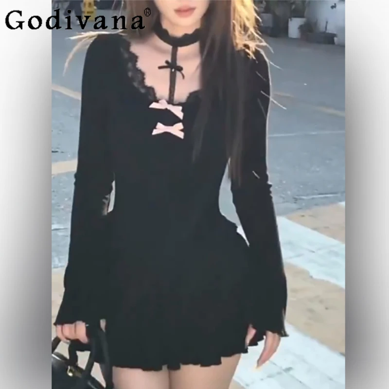 

Sexy Lace Sweet Bow Long Sleeve Dress Women's Spring and Autumn New High Waist A-line Temperament V-neck Halloween Party Dresses