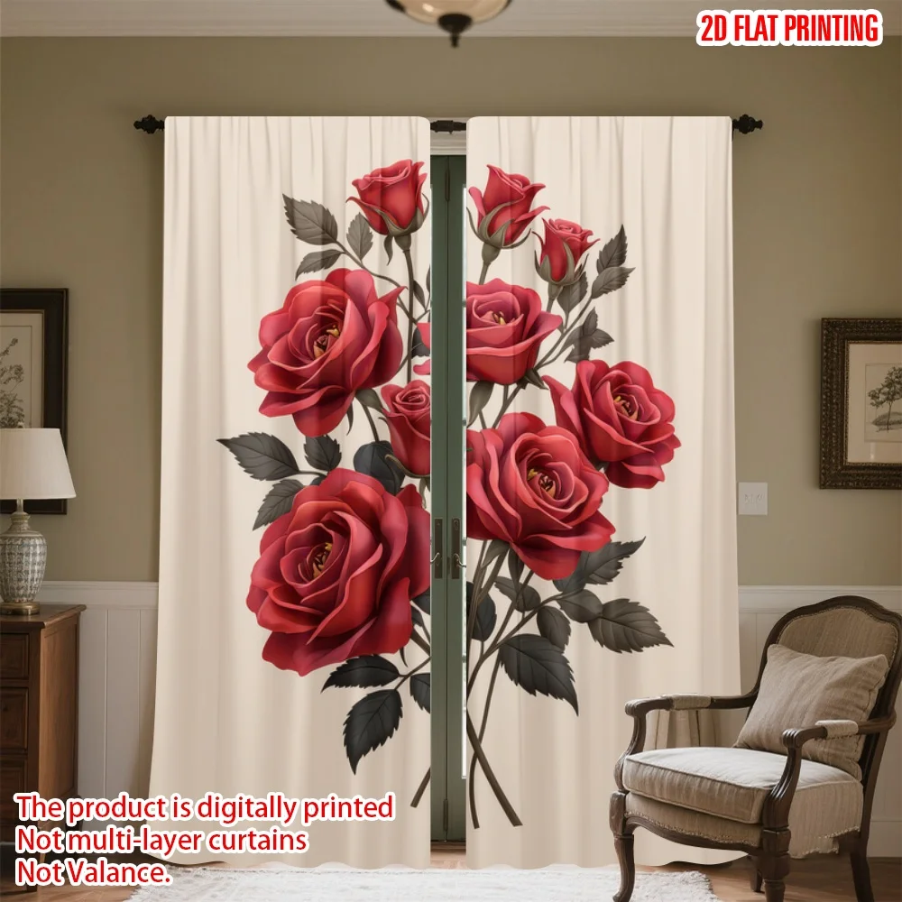

2D flat printing 2pcs Curtains Valentine's Day Red Roses Digital Printed Polyester Drapes Family Party Decoration Perfect for