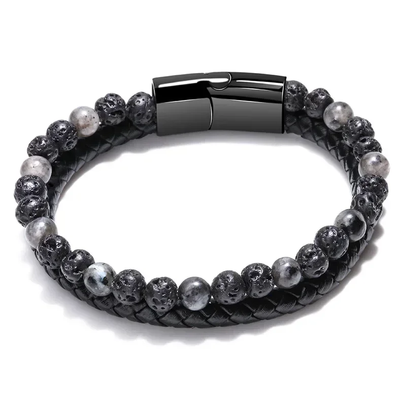 European and American Men\'s Bracelets Volcanic Tiger Eye Beaded Natural Stone Bracelets Handwoven Leather Bangles Jewelry