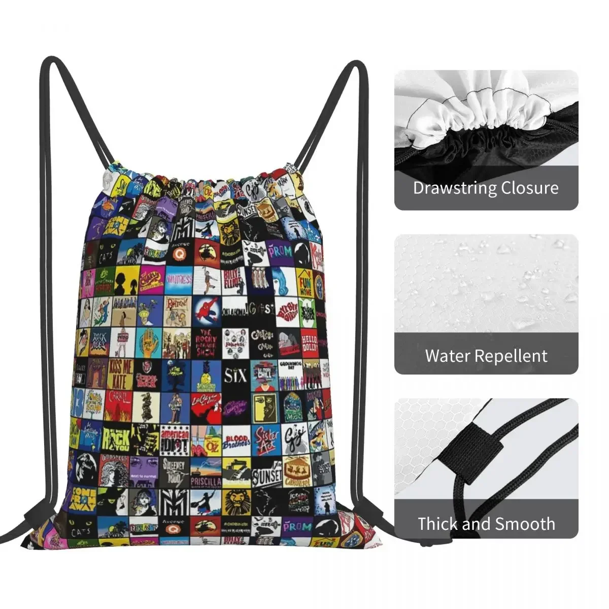 Broadway Musical Theatre Logos - Hand Drawn Backpacks Fashion Portable Drawstring Bags  Sports Bag BookBag For Travel Students