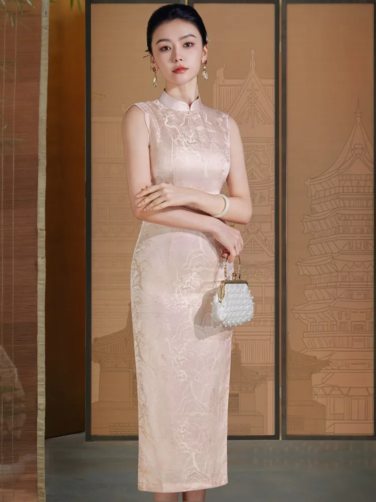 

Новое китайское свадебное платье-ципао Ele Pink для молодых женщин, повседневное, с низким разрезом, средней длины, для помолвки