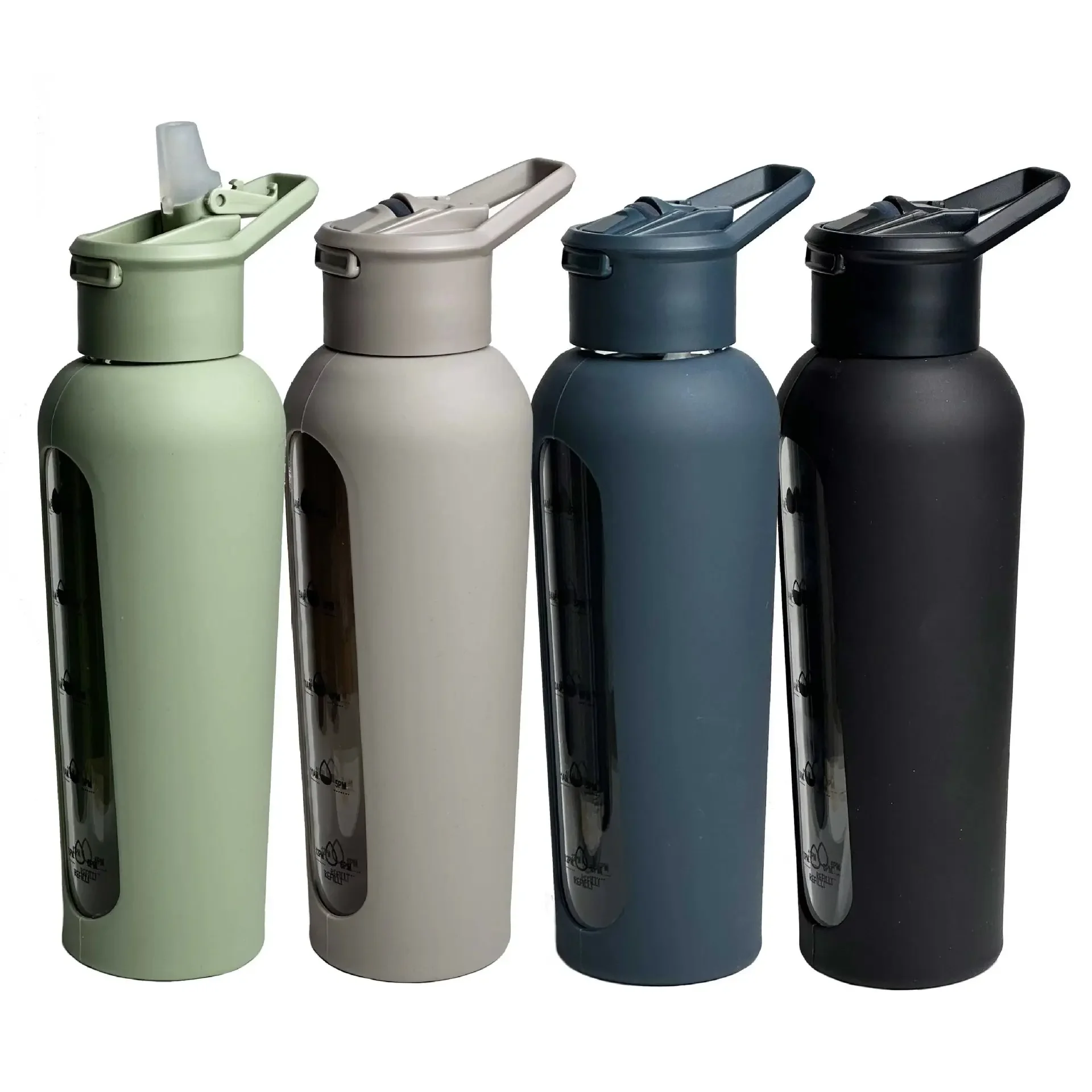 Portable Lid Portable Sports Kettle Large-capacity Flip Straw Cup with Graduated Silicone Sleeve Single-layer Glass Water Bottle