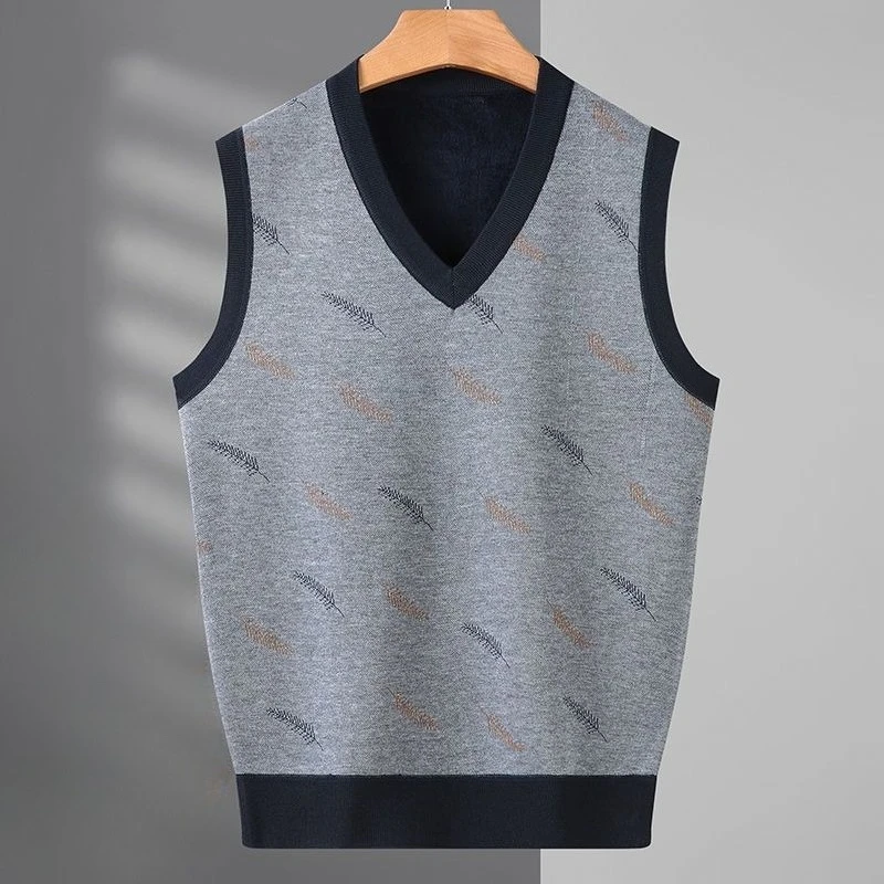 Men's V Neck Fleece Lined Knitted Sweater Vest Thickened Sleeveless Pullover Waistcoat Warm Autumn Winter Base Layer