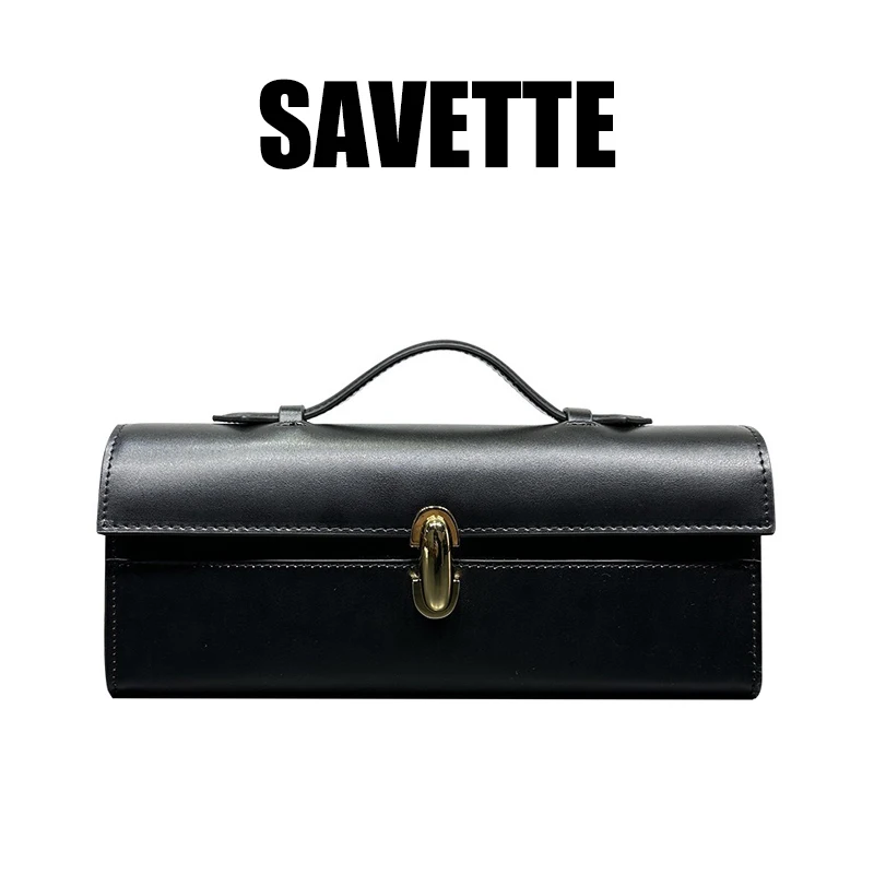 SAVETTE Brand The Symmetry Pochette Genuine Leather Tote Women\'s Simple Handbag Small Square Row Bag Rectangular Baguette Bags