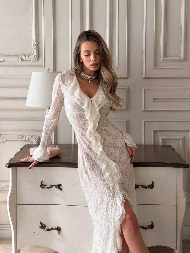 Tossy Women Elegant V Neck Ruffle Trim Long Sleeve Floral Lace Maxi Dress Bodycon High Slit Party Evening Cocktail Gowns Summer
