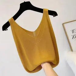 Summer Elegant Fashion Harajuku Slim Fit Female Clothes Loose Casual Sweat All Match Tops Women Solid V Neck Sleeveless Tanks