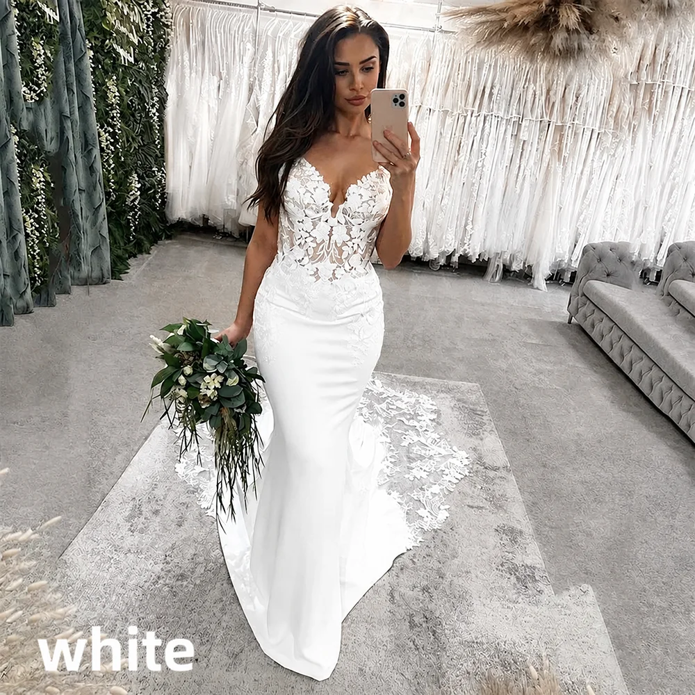Elegant Mermaid Wedding Dress Spaghetti Straps Deep V Neck Lace Appliques Backless Buttons Chapel Train Satin Bridal Gown Custom