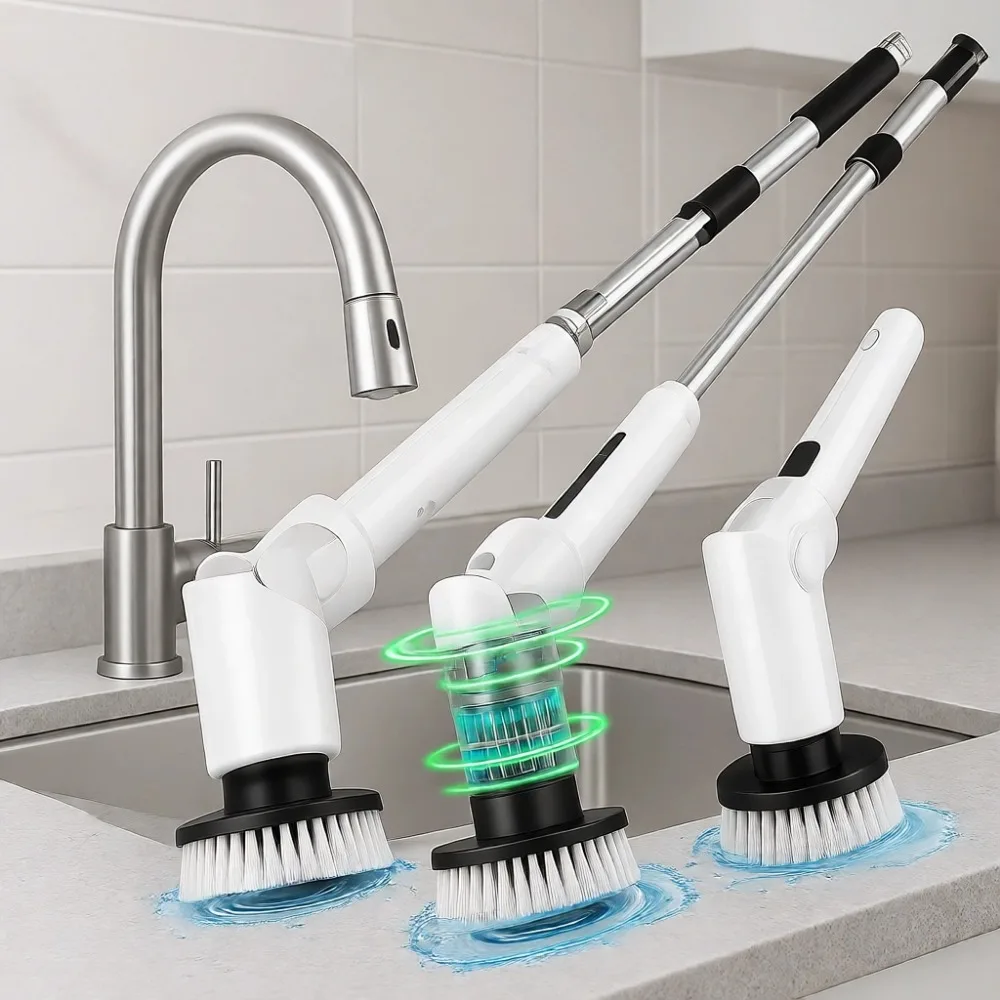 

Беспроводная вращающаяся щетка-скруббер с цифровым дисплеем, двумя скоростями, 8 насадками, водонепроницаемость IPX7, выдвижная ручка для ванной, кухни, автомобиля