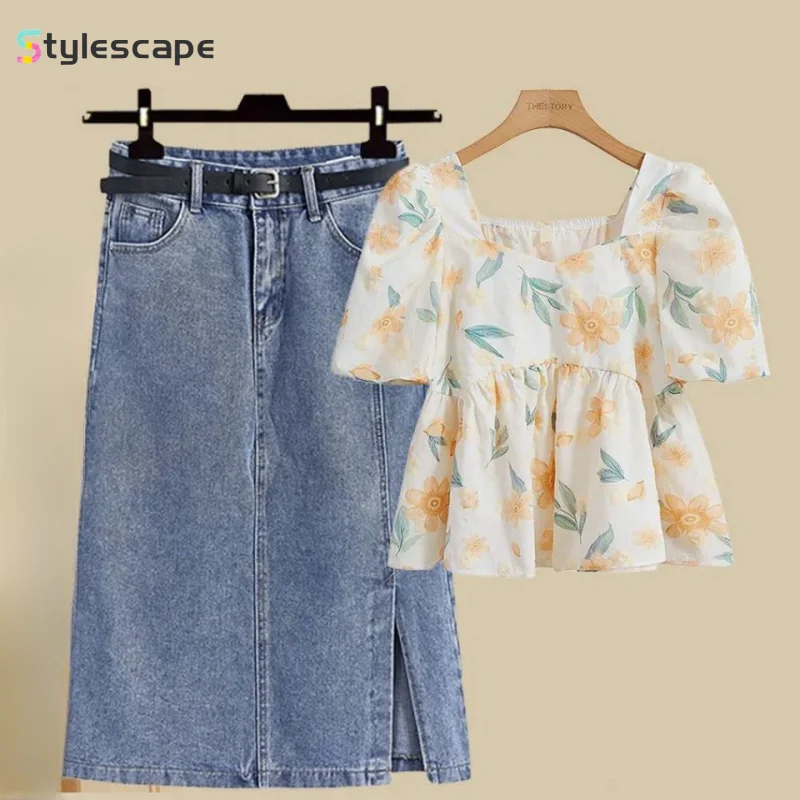 2024 New Summer Outfit Women's Short Sleeved Top, Women's Body Covering and Slimming Denim Skirt Two Piece Set for Woman