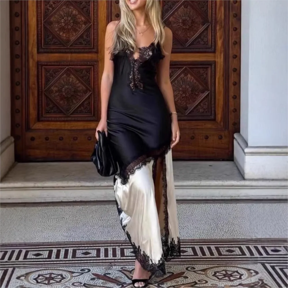 

Lace Suspender Dress Elegant V-neck Slit Women's Suspender Fashion Stitching Sleeveless Robe Party Date Nightclub Sexy Vestidos