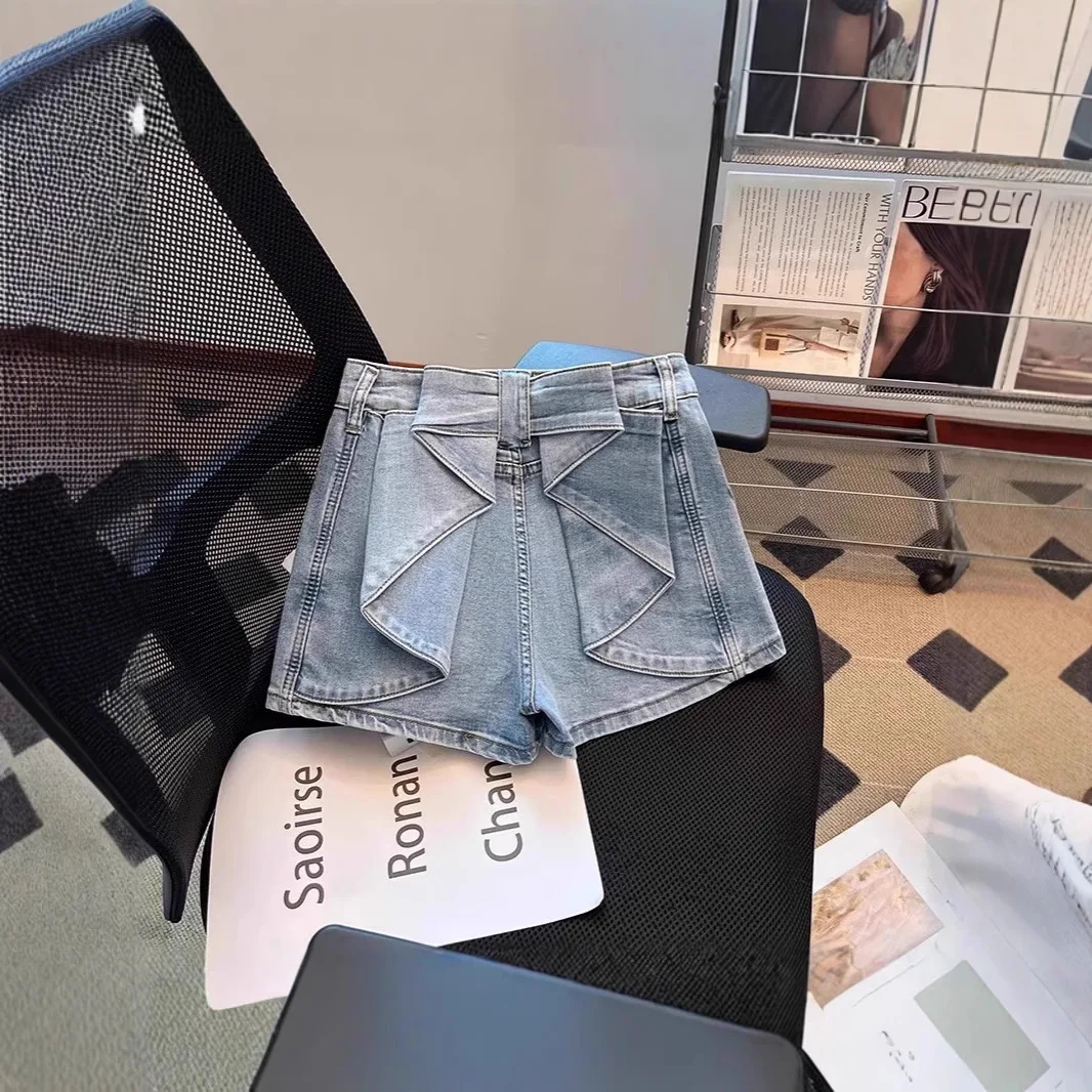 

Light Blue 3D Bow Design Denim Shorts Women's High-waisted Slim-fitting Hip-wrapped Jeans Hot Pants