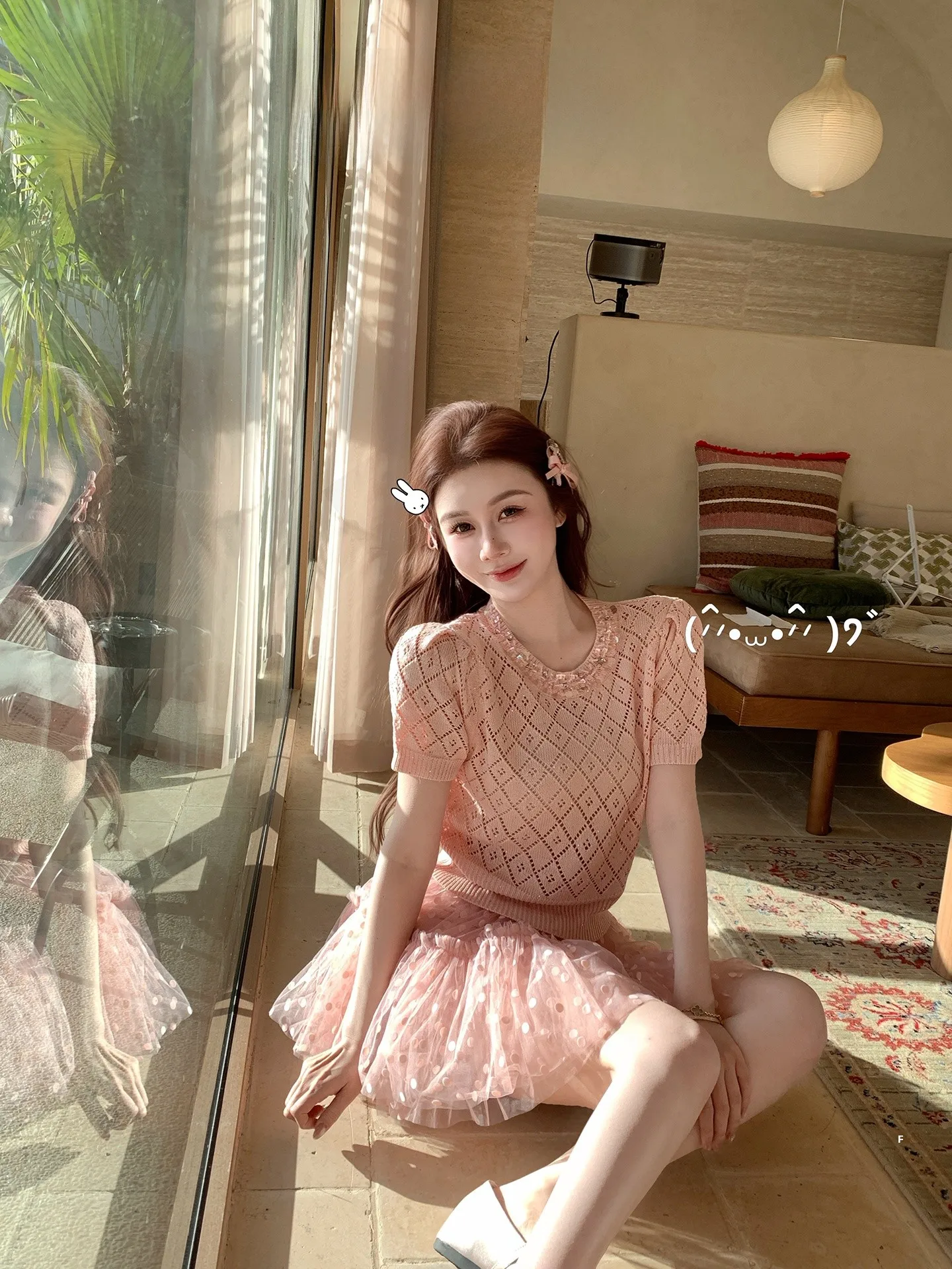 

AZZHEN Early Spring Sweet Style Knitted Top Pearl Sequin round Neck Hollow out Short Sleeve Women's T-Shirt Slim Fit Summer