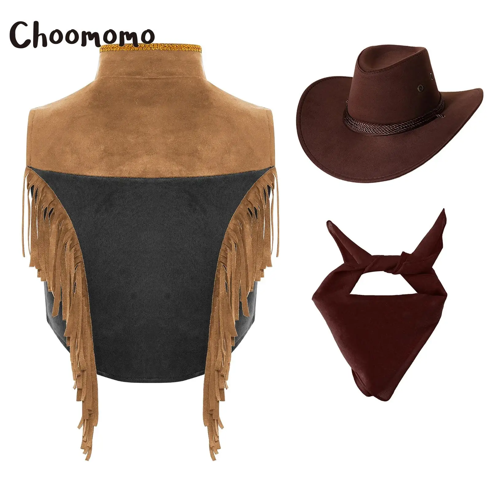 

Boys Girls Western Cowboy Costume Tassels Waistcoat Fringed Vest Jacket with Hat Bandana Set Carnival Halloween Fancy Dress Up