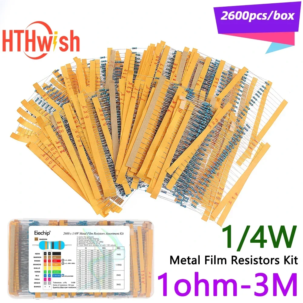 

2600 шт./кор. 0,25 Вт комплект металлопленочных резисторов 130 значений 1% сопротивление 1 Ом-3 м 1/4 Вт набор резисторов