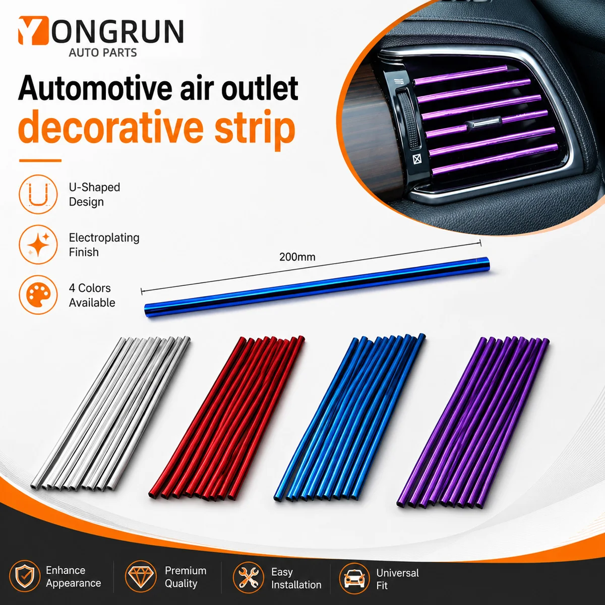 YONGRUN Car AC Vent Decorative Trim Strip Electroplated U Channel Molding for Air Outlet Dashboard Interior Decoration Styling