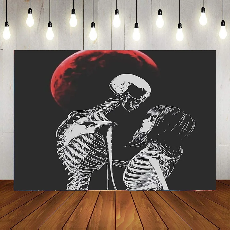 Halloween Till Death Do Us Part Skeleton Anniversary Photography Backdrop Bridal Groom Spooky Party Background Decor Banner