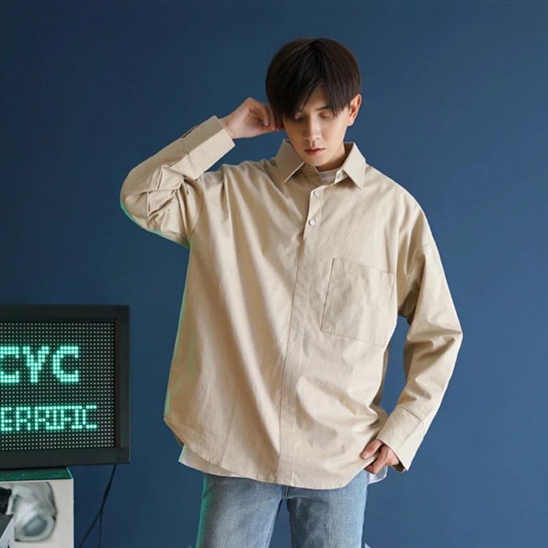 

Мужская хлопковая рубашка с длинным рукавом, свободного кроя, в корейском стиле, однотонная, осенне-зимняя, модная, повседневная, для студентов