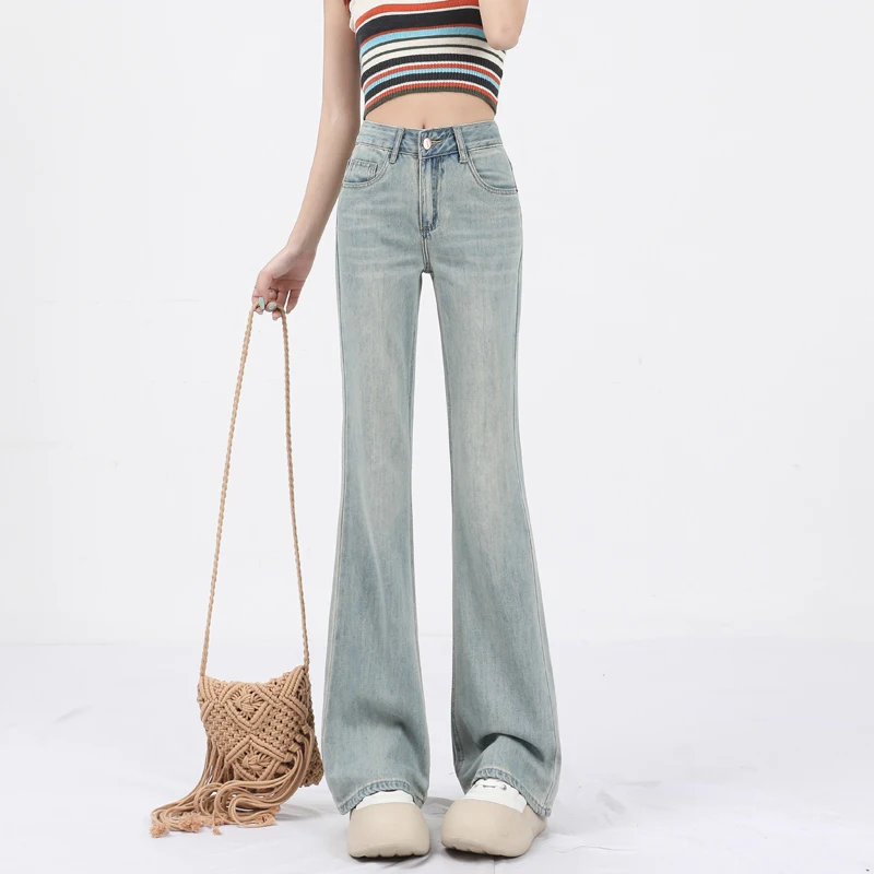 

Light Color Silk Denim Jeans Women Summer Thin American Elastic High Waist Slim Fit Floor Length Hoof Micro Flared Pants