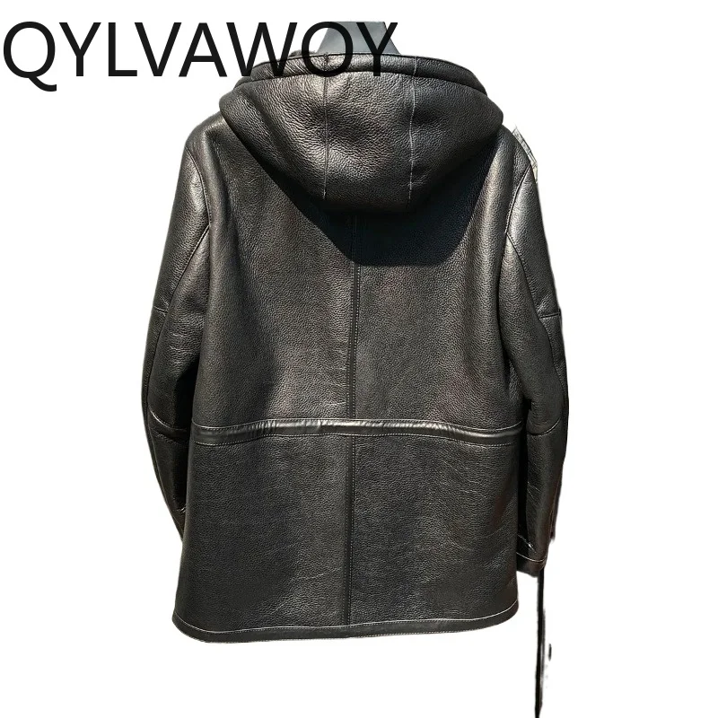 QYLVAWOY Genuine Sheepskin Leather Fur Jacket Men Hooded Warm 100% Natural Wool Fur Coat Mid-length Thick Outerwear New Winter