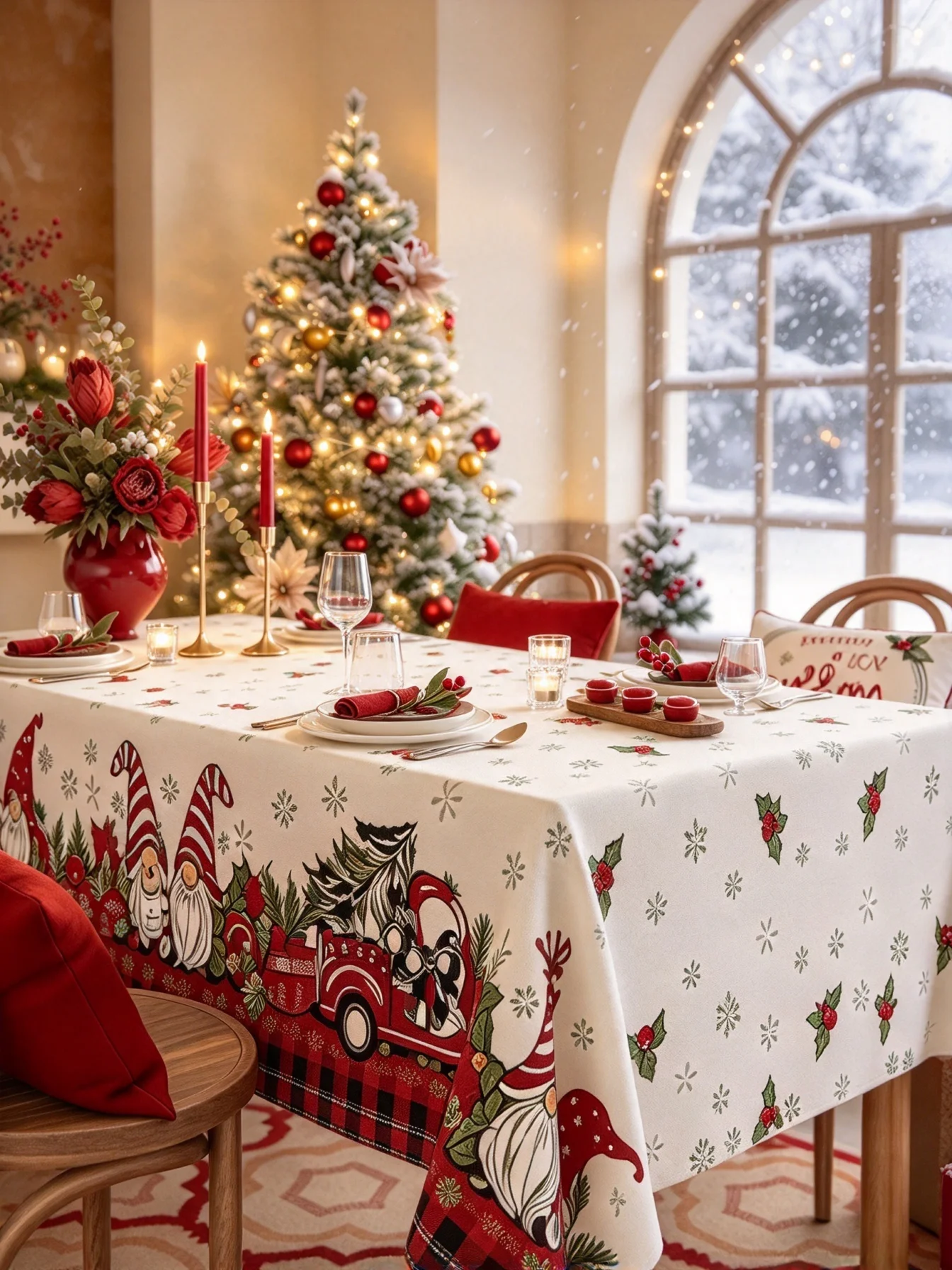 1Pcs White Peach Skin Printed Christmas Tablecloth Waterproof Rectangle Xmas Dinner Table Cover for Family Cute Country Style
