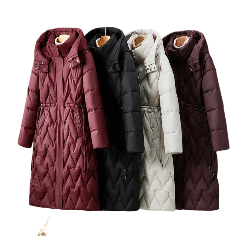 

Women Winter Over Knee Long Jacket Waist Cinched Hooded Loose Down Cotton Jacket Diamond Cotton Padded Female Outerwear Parkas