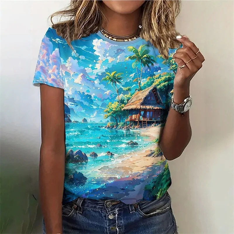 3D Printed Vintage Tree T-Shirt For Women Cartoon Building Graphic Short Sleeves Casual Loose Oversized T Shirts Round Neck Tees