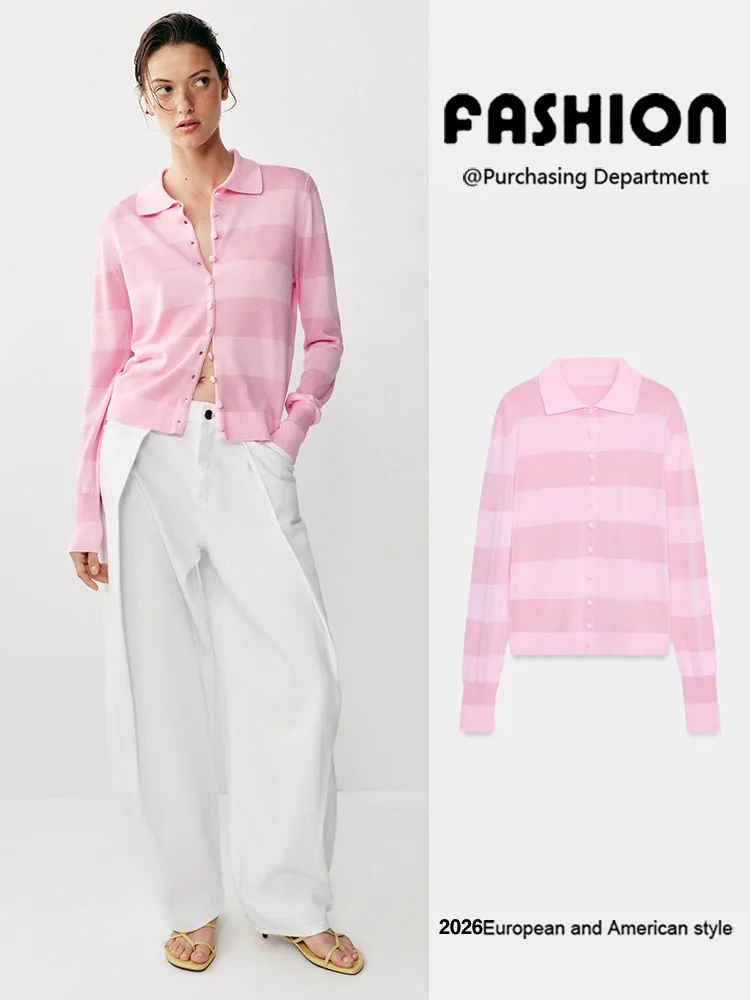 

New Arrival Autumn Women's Long Sleeve Shirt Neck Striped Knitted Jacket Versatile 3653020 633 Short Outerwear
