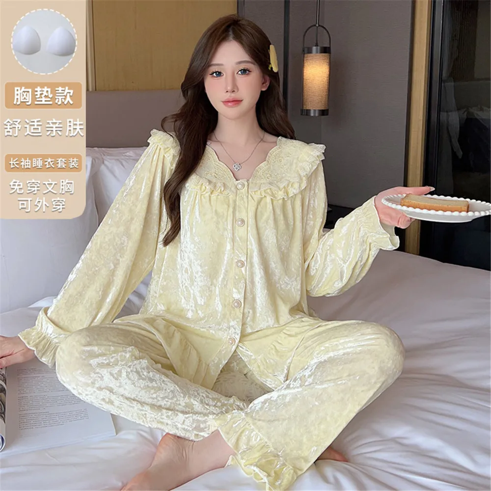 Autumn Velvet Pajamas Set Long Sleeve Shirt Trouser Suits Sexy Lace Trim V-Neck Sleepwear Loose Casual Home Wear Loungewear