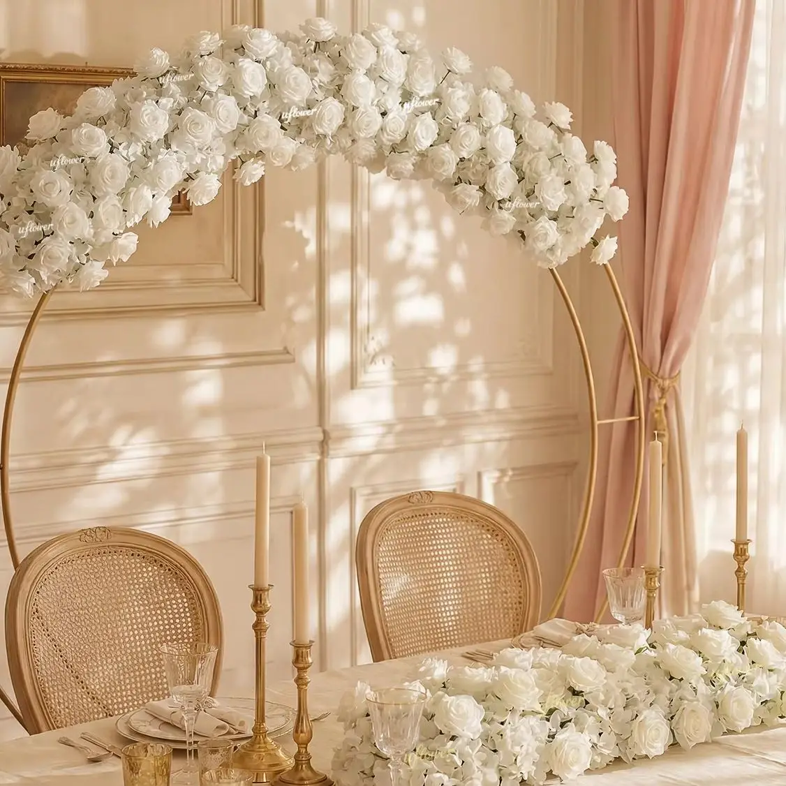 Uflower White Rose Flower Row Table Centerpiece Runner Artificial Flower Wedding Backdrop Decor Floral Party Prop Window Display