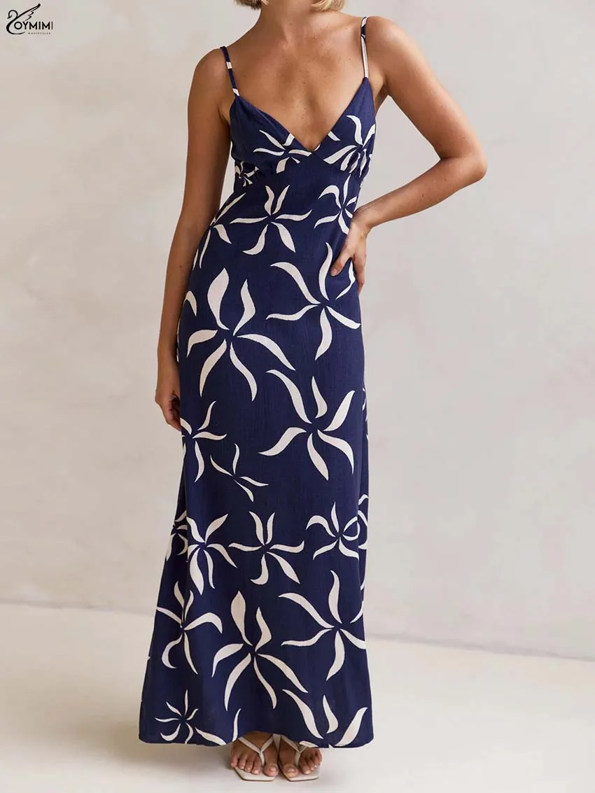 

Oymimi Autumn Blue Print Dresses For Woman Fashion Spaghetti Strap Open Back Slim Dresses Casual Straight Floor-Length Dress