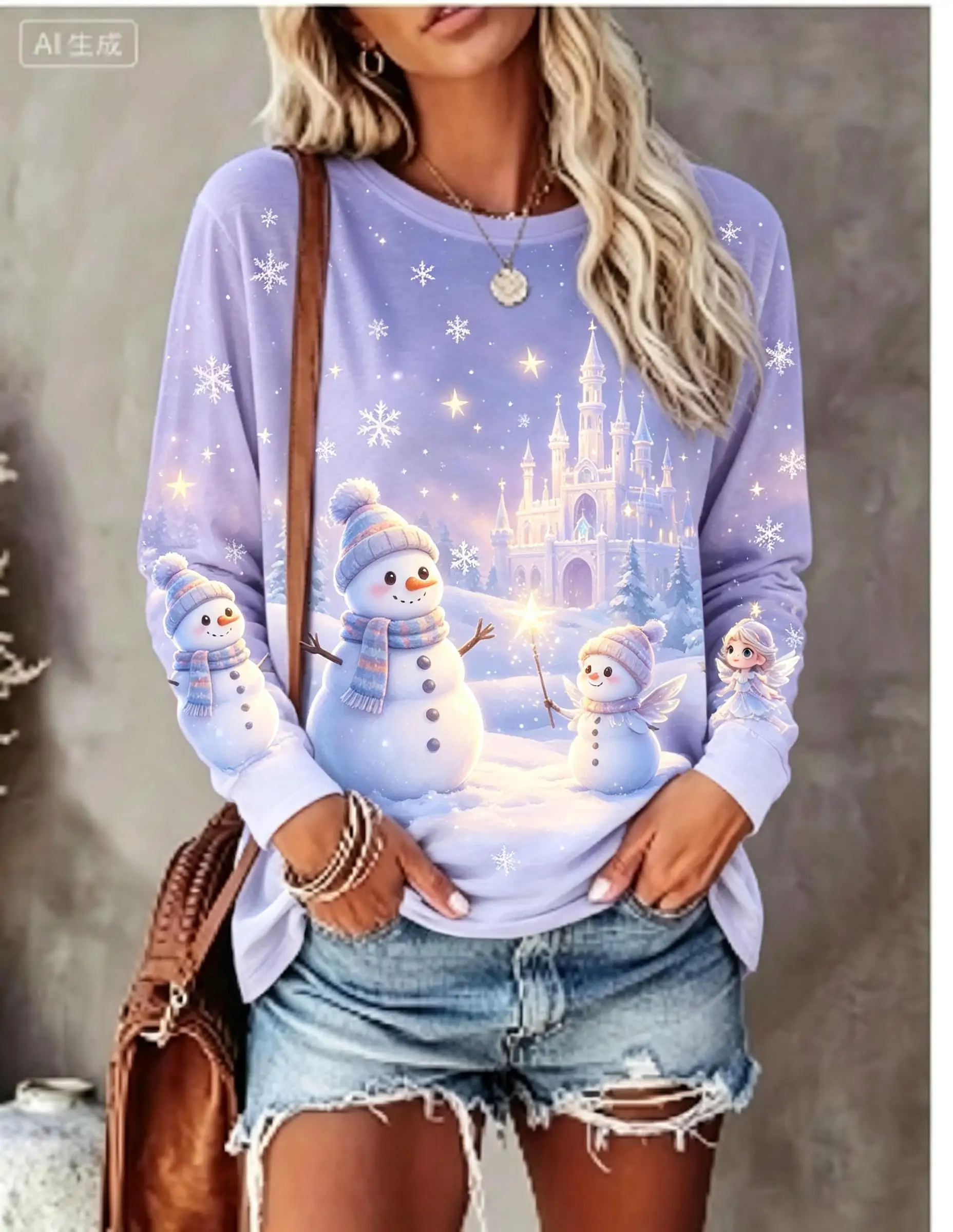 Women Christmas Long Sleeve T‑Shirt Snowman Ice Castle Snowflake Winter Scene Print Crew Neck Tops