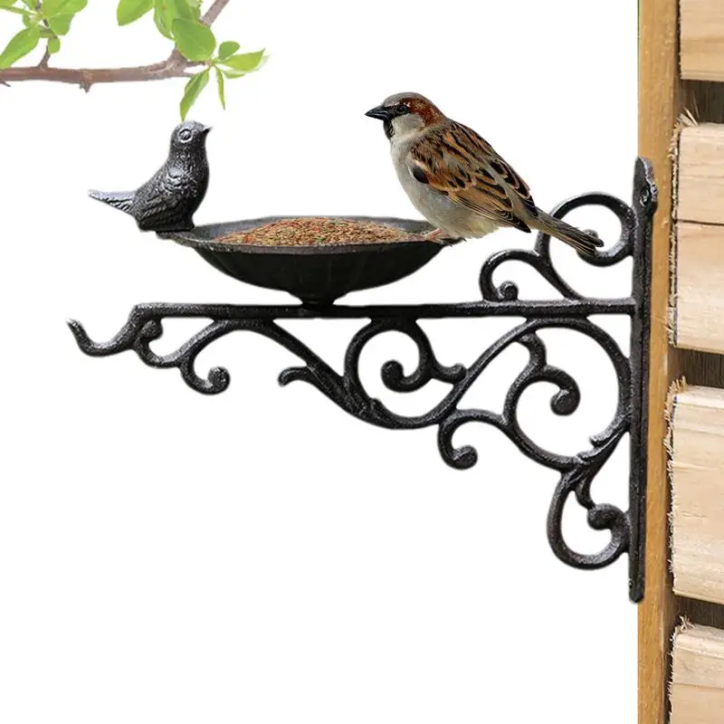 

Vintage Wall Mounted Bird Station Bird Water Bowl Decorative Iron Garden Ornaments Nuts Mealworms Water Tray With standing bird